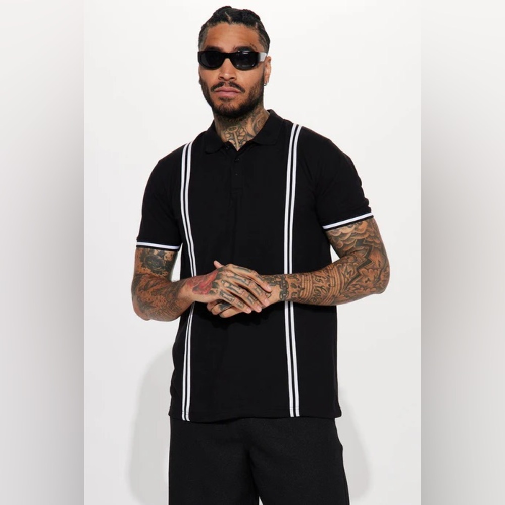 Black Polo Shirt with White Stripes